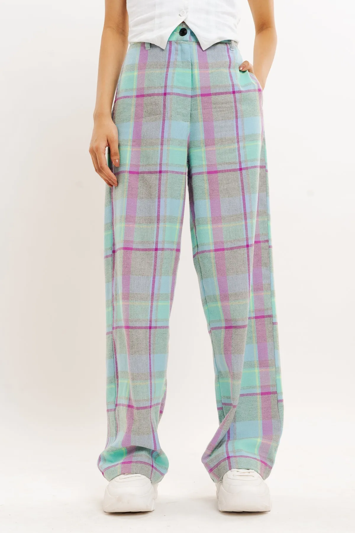 Purple And Mint Checkered Straight Fit Pant