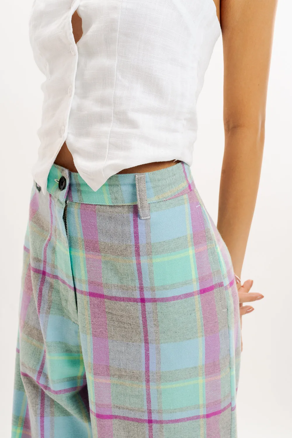 Purple And Mint Checkered Straight Fit Pant