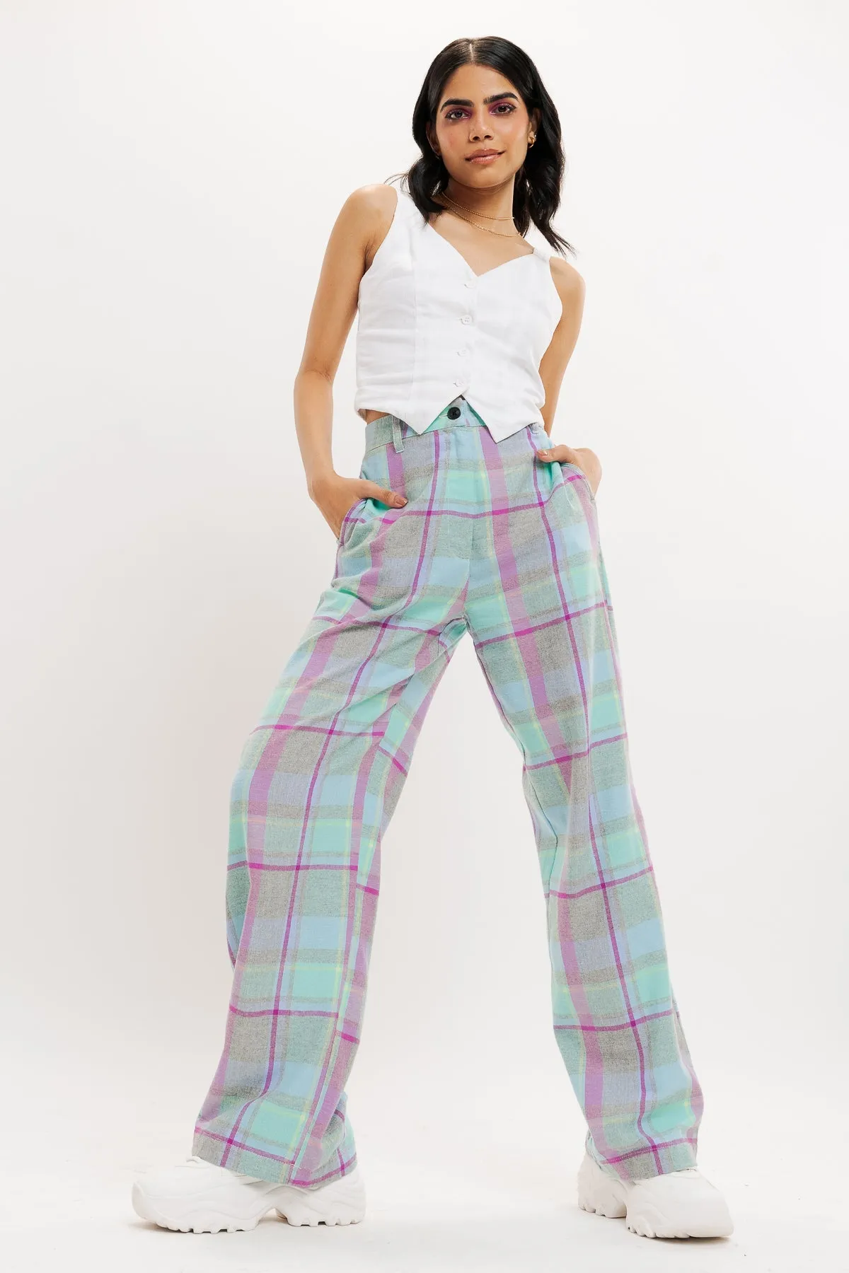Purple And Mint Checkered Straight Fit Pant