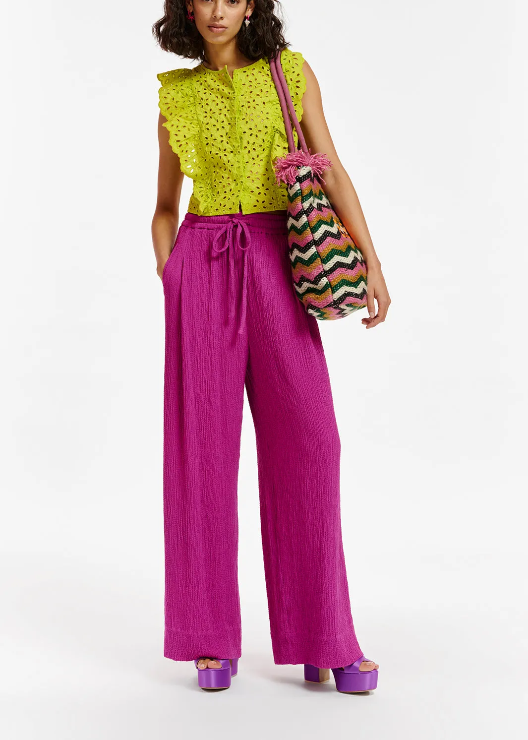 Purple wide-leg seersucker pants