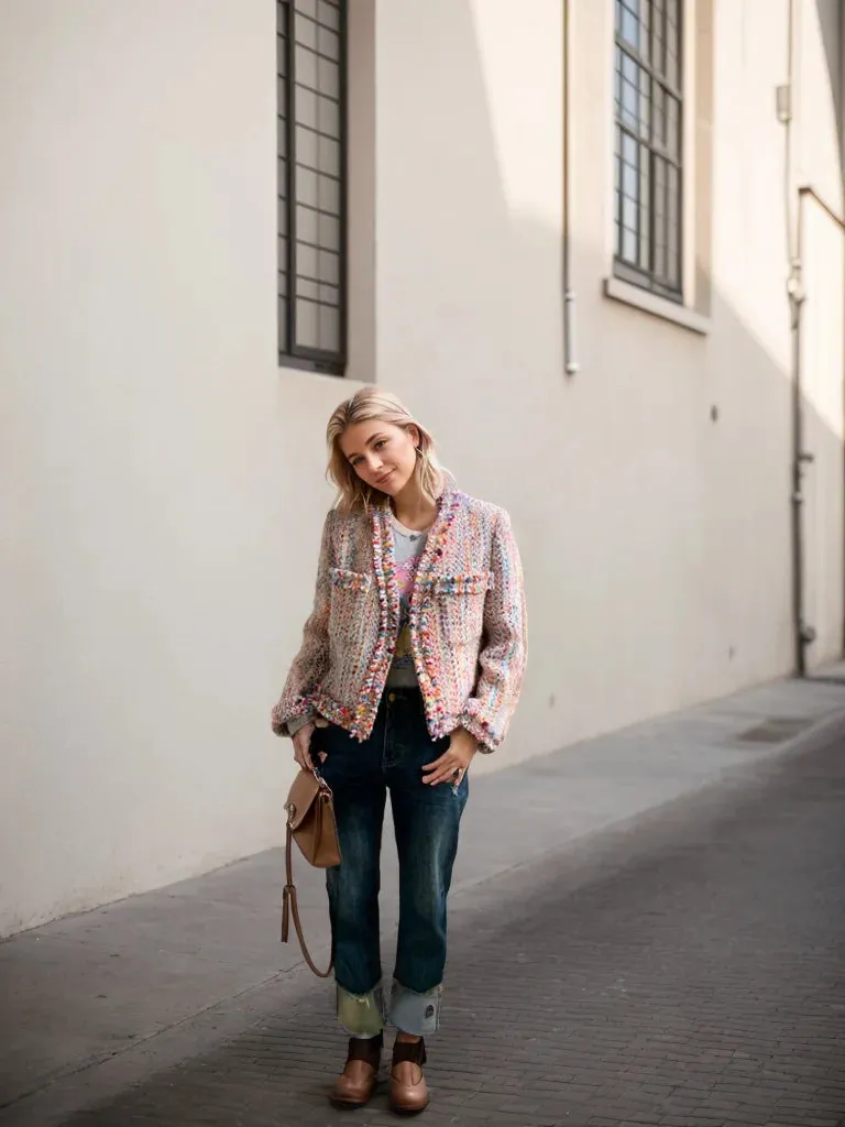 Rainbow Wool Coat Women 2025 – Spring Summer Fashion, Long Sleeve Vintage V-Neck Open Stitch Casual Chic Coats