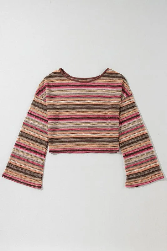 Red Ethnic Striped Wide Cropped Long Sleeve Top