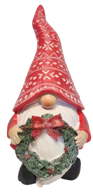 Red Gnome Figurine Holding Christmas Wreath with Red Bow or Garland