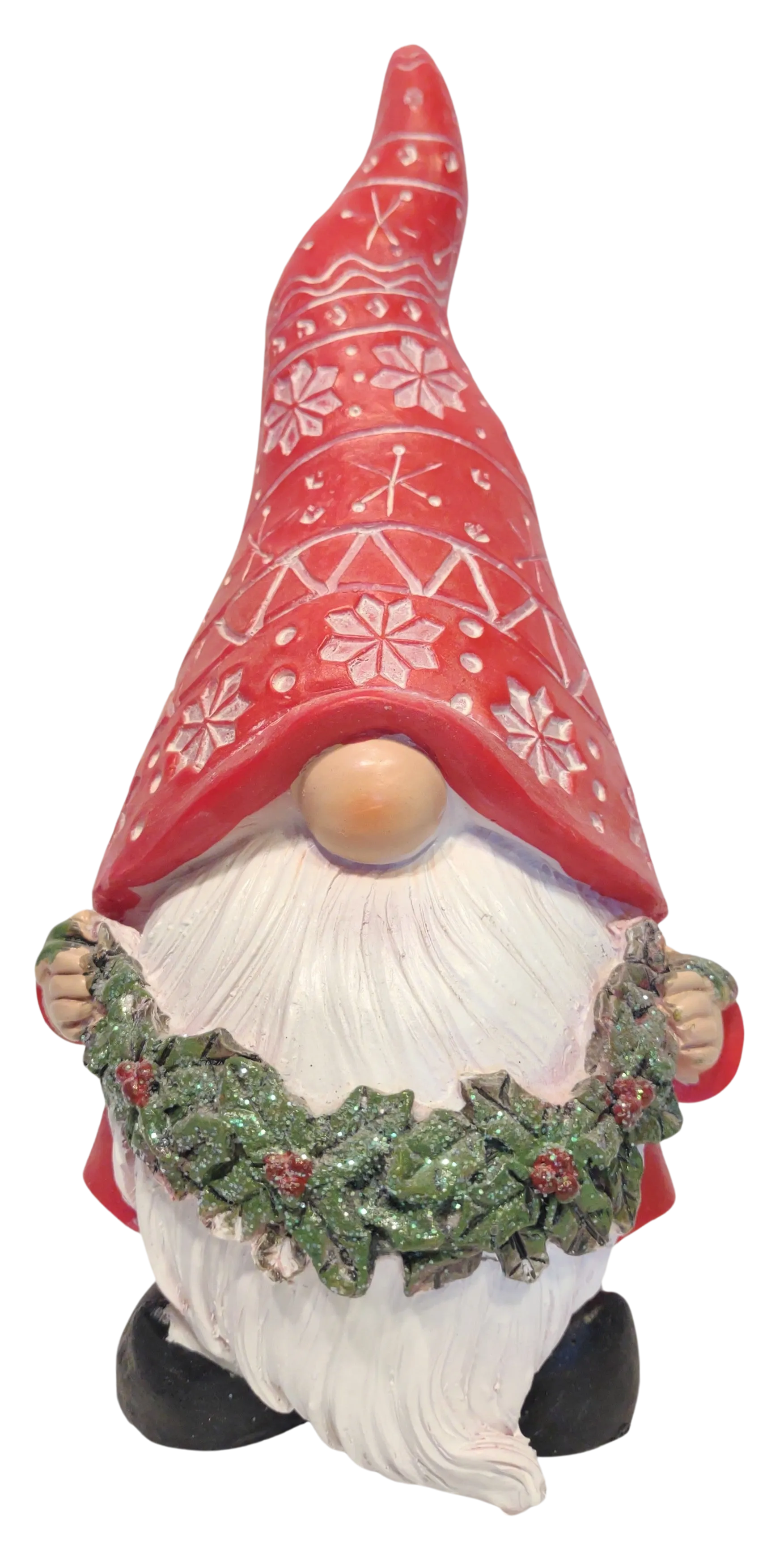 Red Gnome Figurine Holding Christmas Wreath with Red Bow or Garland