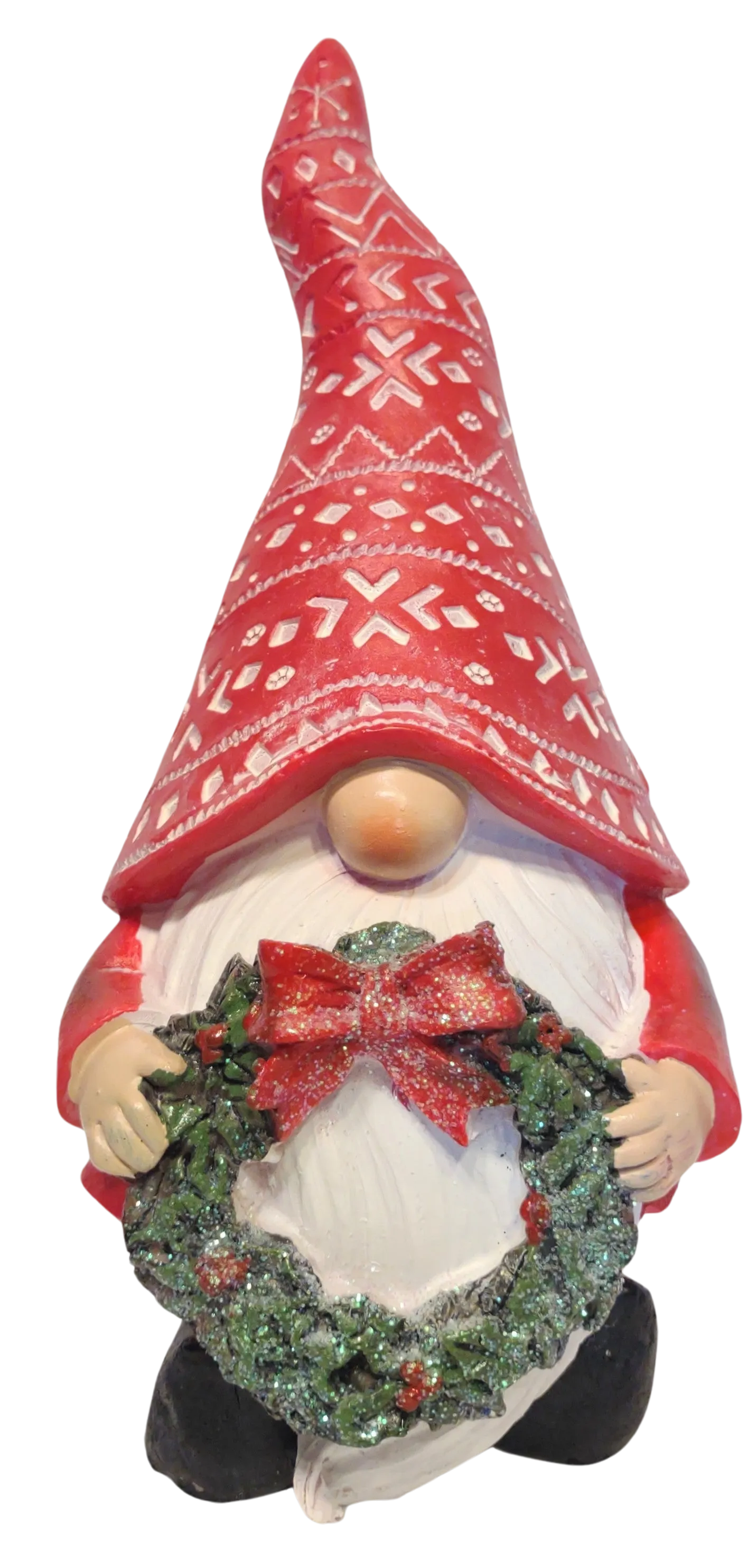 Red Gnome Figurine Holding Christmas Wreath with Red Bow or Garland