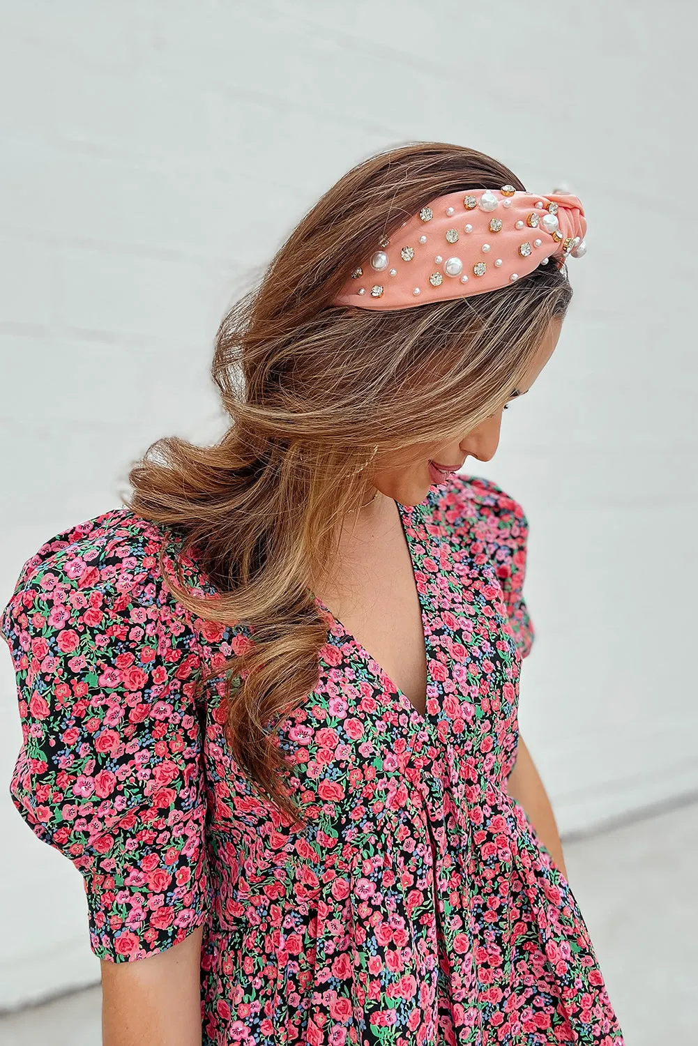 Red Vintage Puff Sleeve Side Pockets Floral Dress
