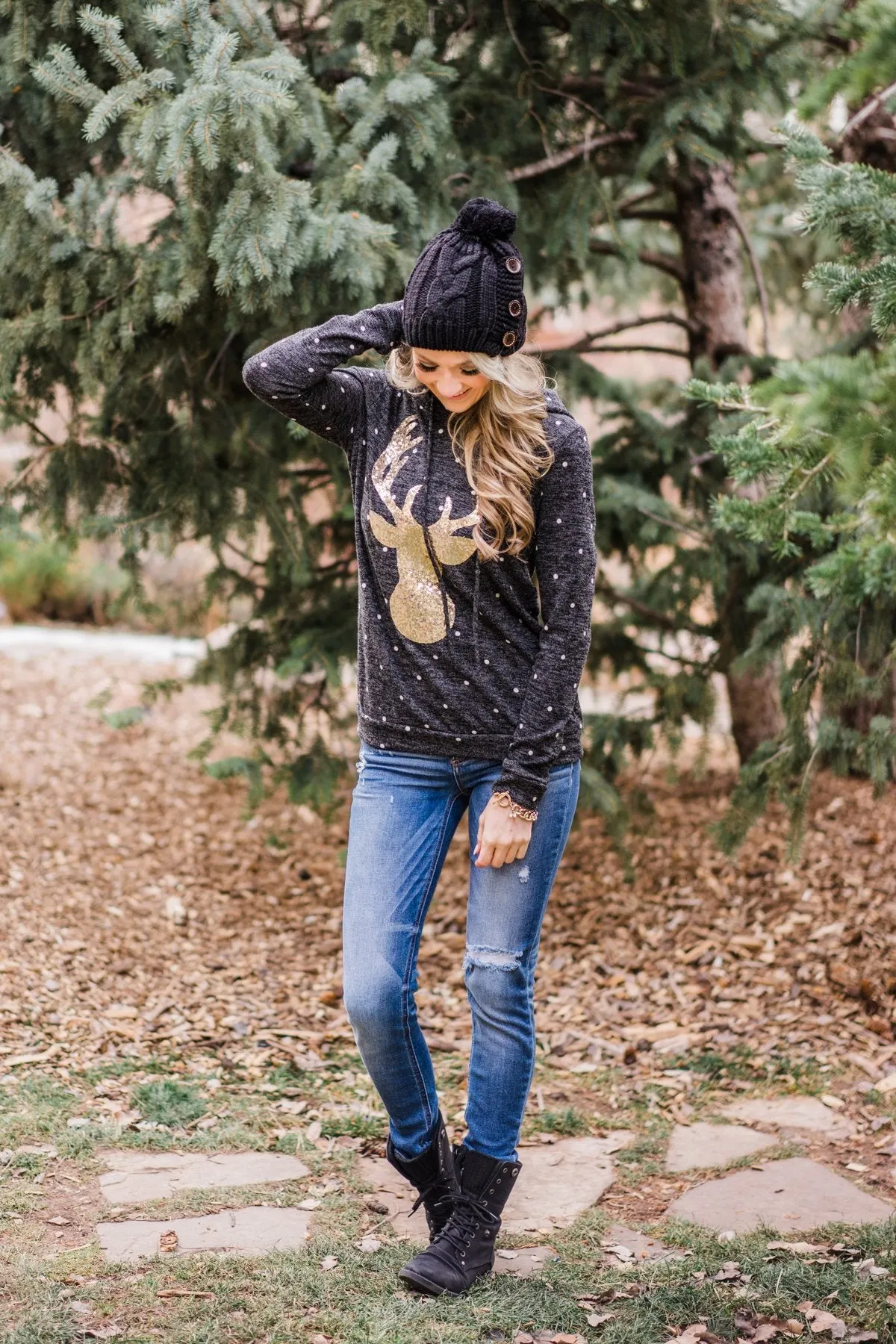 Reindeer Sequin Hoodie - Charcoal