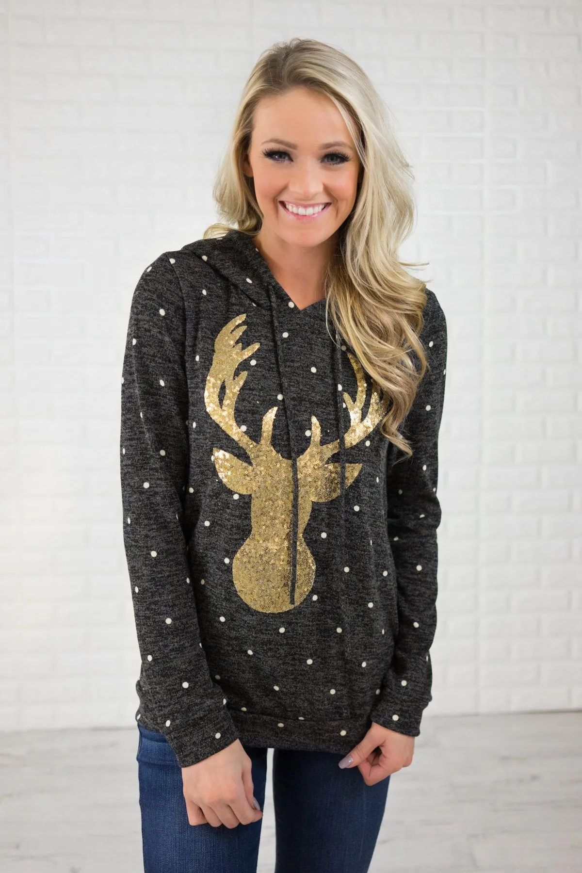 Reindeer Sequin Hoodie - Charcoal