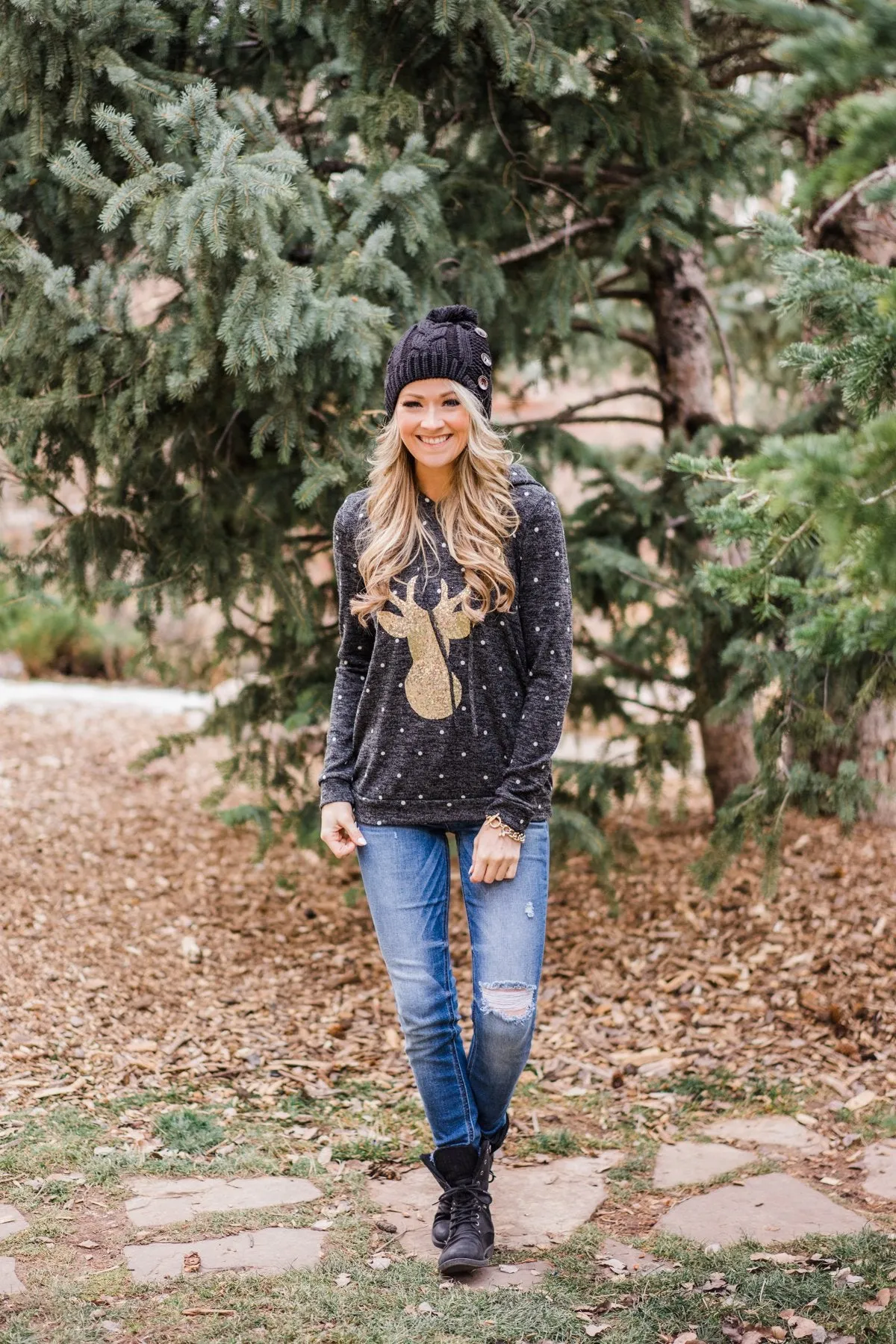 Reindeer Sequin Hoodie - Charcoal