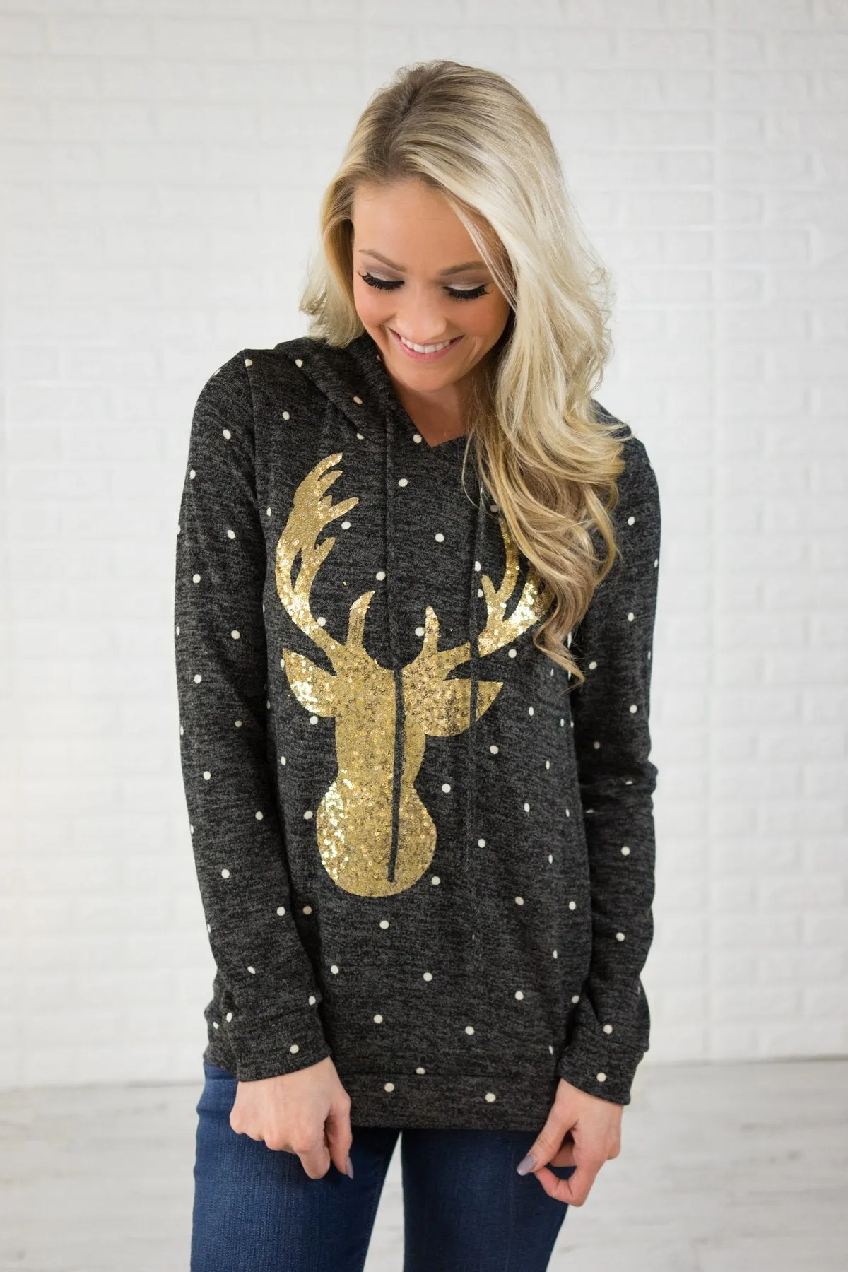 Reindeer Sequin Hoodie - Charcoal