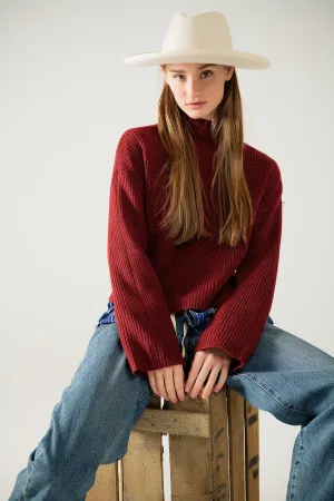 relaxed wine ribbed high neck sweater