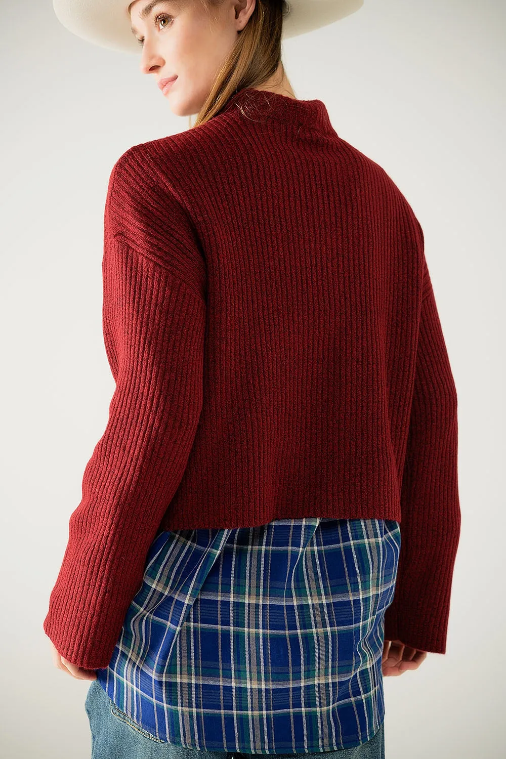 relaxed wine ribbed high neck sweater