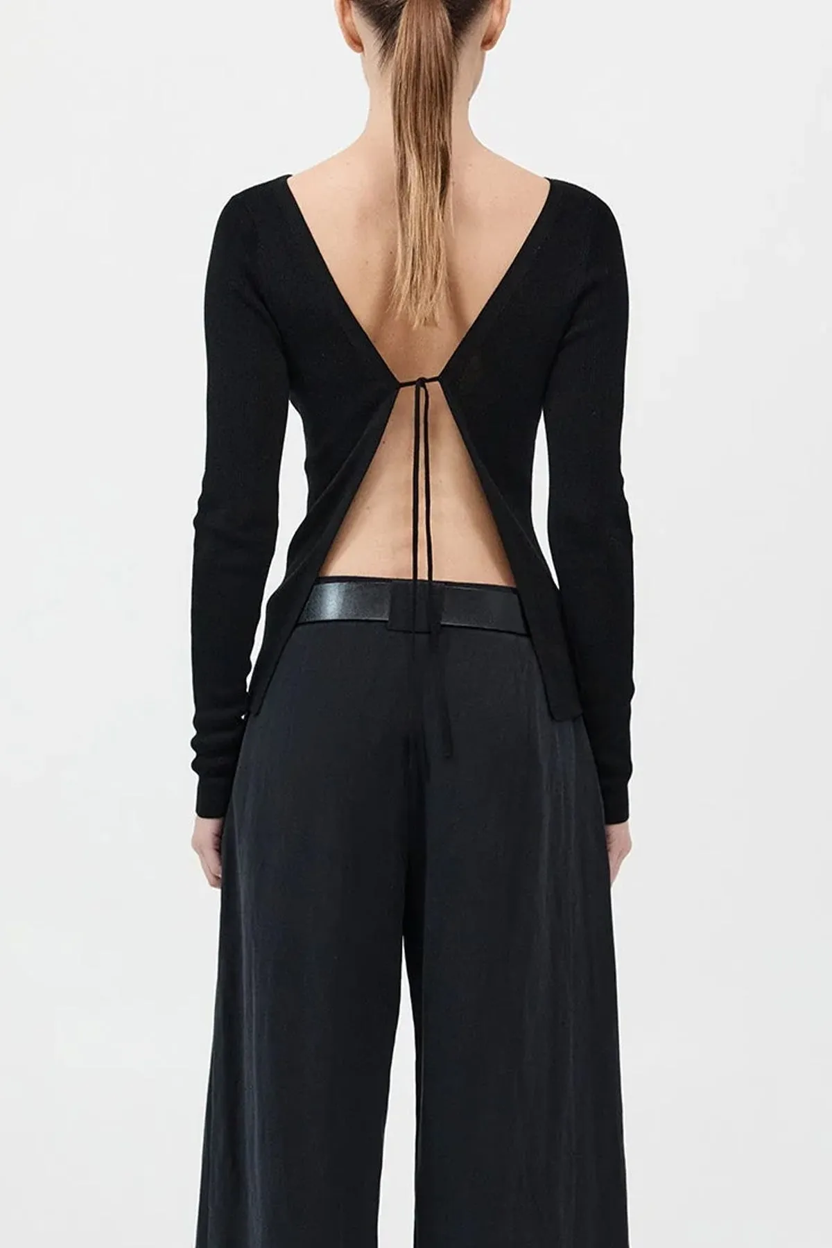 Rouleau Tie Reversible Knit Top in Black