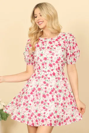 ROUND NECK PUFF SLEEVE OPEN BACK FLORAL MINI DRESS