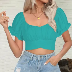 ruffle puff sleeve tie back top