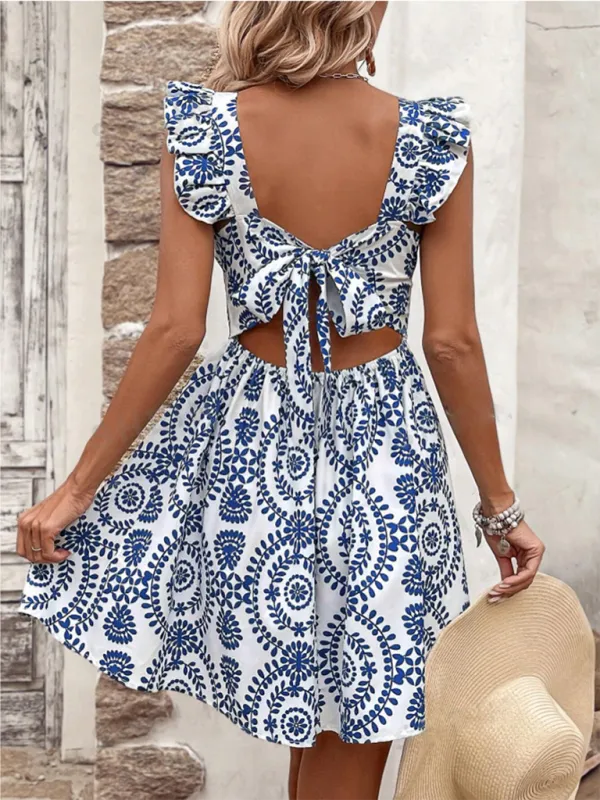 Ruffle Shoulder Floral Botanical Print Mini Dress with Lace-Up Back