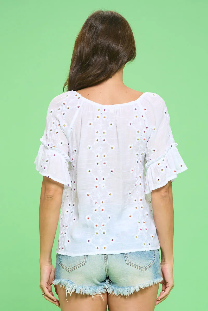 RUFFLE TIE FRONT PEASANT BLOUSE TOP
