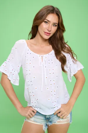 RUFFLE TIE FRONT PEASANT BLOUSE TOP