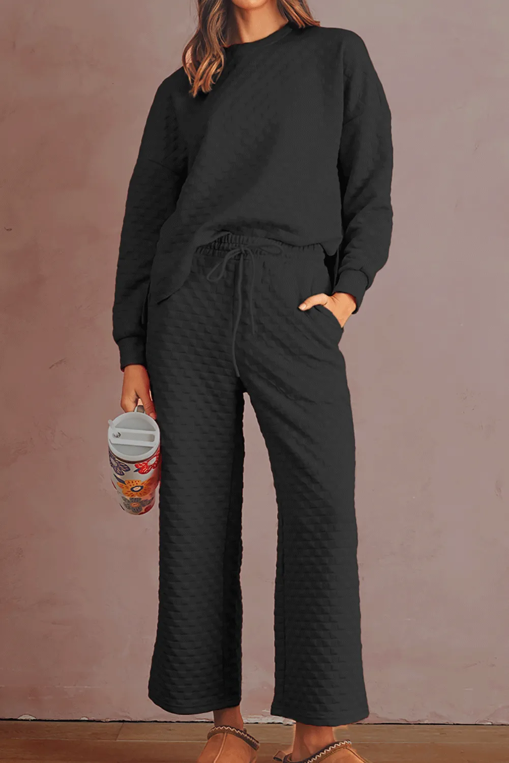 SALE Checkered Textured Pullover Top and Pants Set