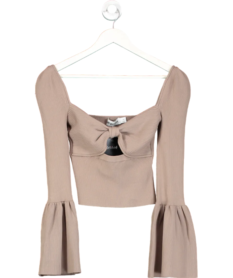 Self-Portrait Brown Bow Flared-sleeve Knitted Top UK M