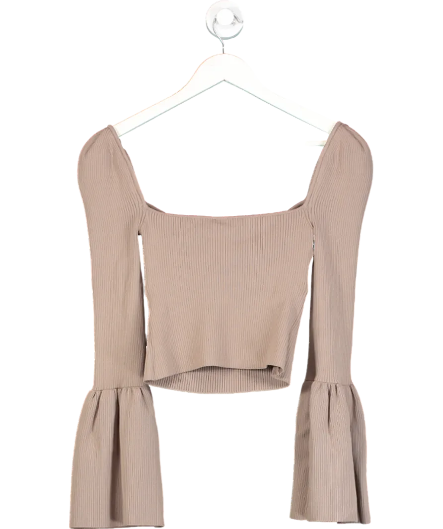 Self-Portrait Brown Bow Flared-sleeve Knitted Top UK M