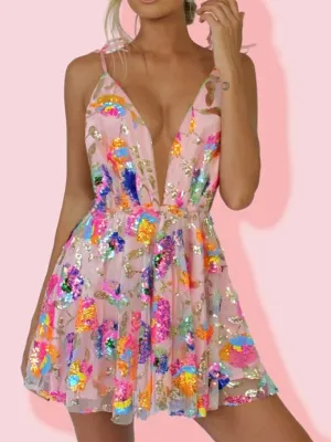 Sequin Floral Print Backless Dress with Deep V Neckline