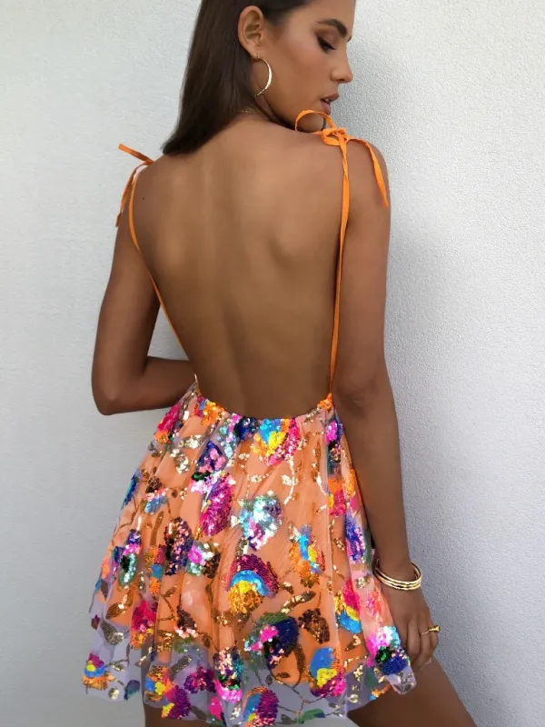 Sequin Floral Print Backless Dress with Deep V Neckline