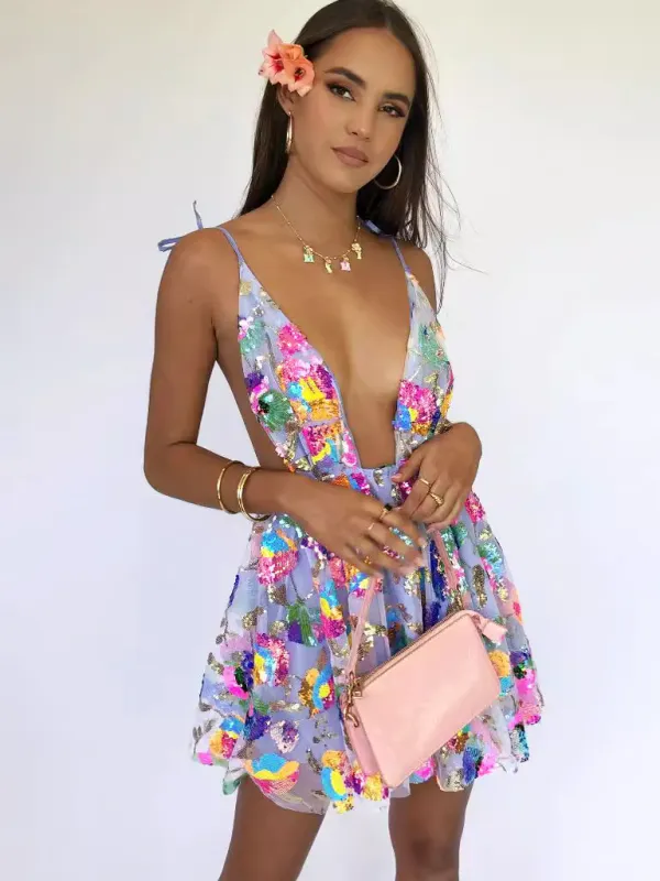 Sequin Floral Print Backless Dress with Deep V Neckline