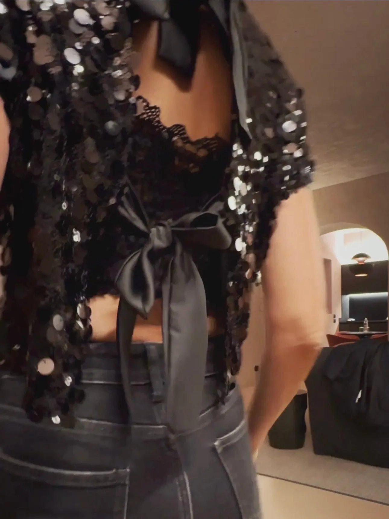 SEQUINS TOP WITH BOW TIE - BLACK