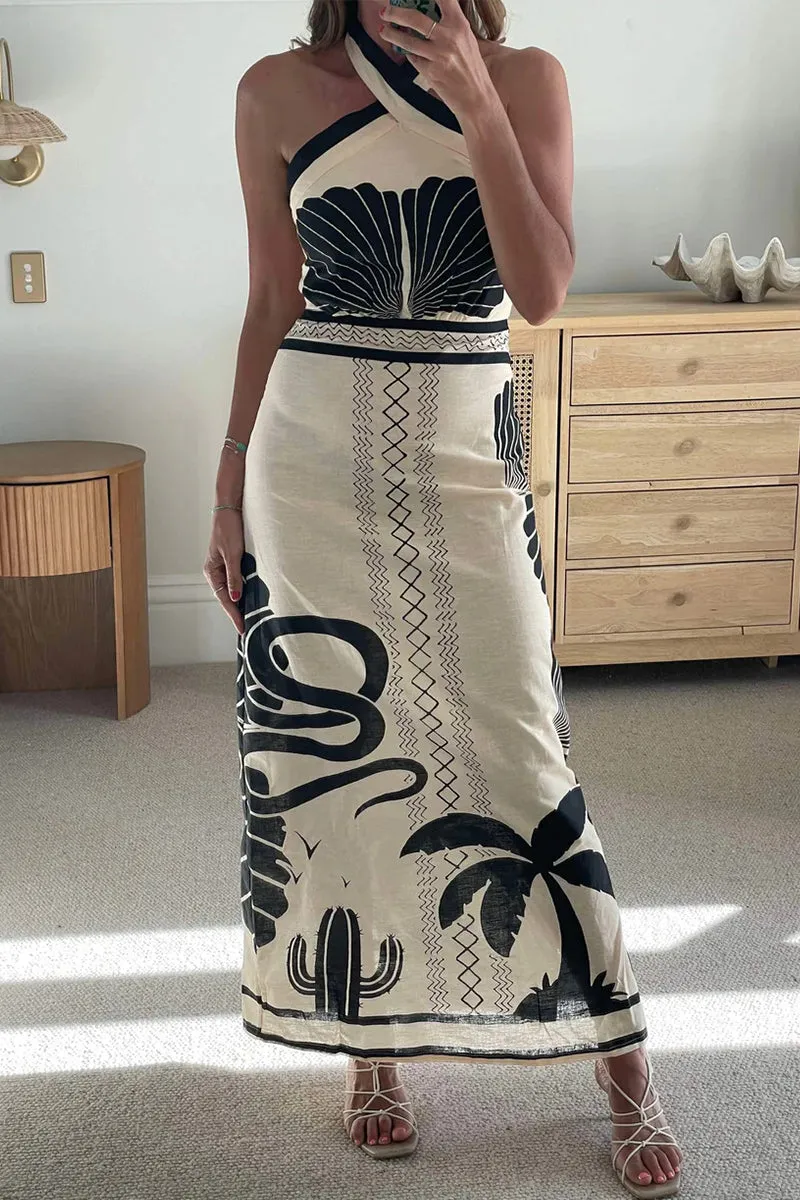 Sexy Vacation Floral Print Contrast Halter One Step Skirt Dresses