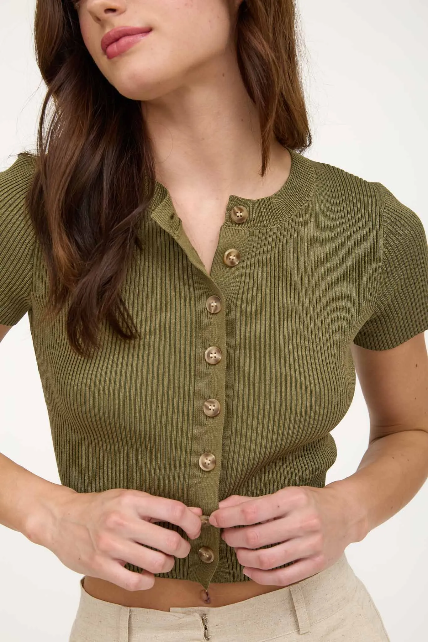 SHORT SLEEVE BUTTON DOWN CROPPED CARDIGAN
