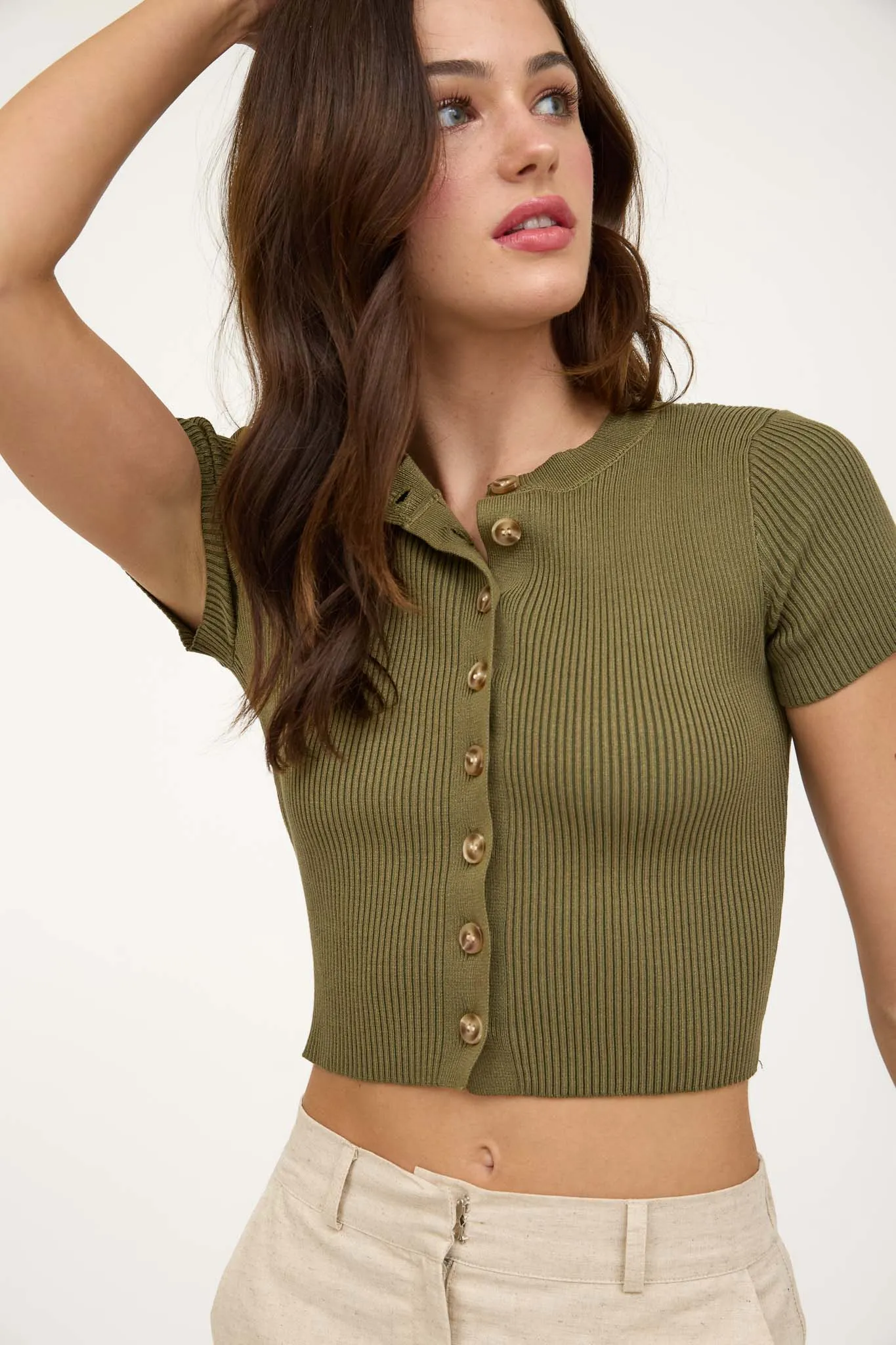 SHORT SLEEVE BUTTON DOWN CROPPED CARDIGAN