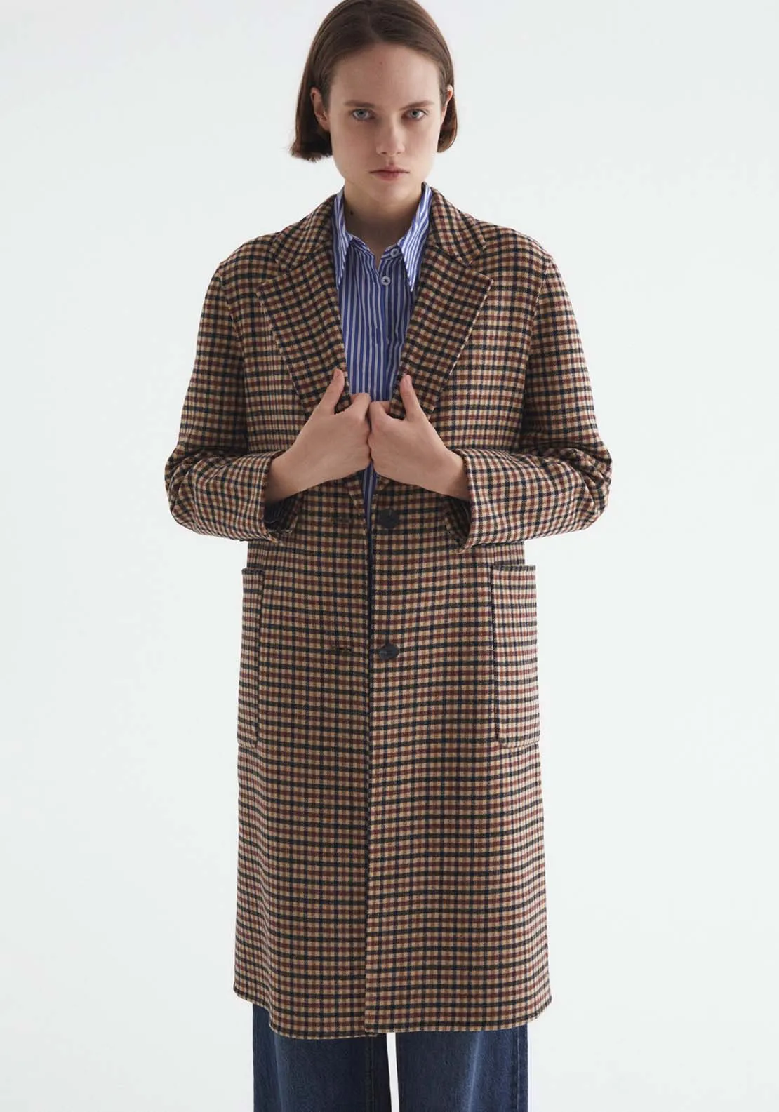 Single Breasted Checkered Coat - Brown