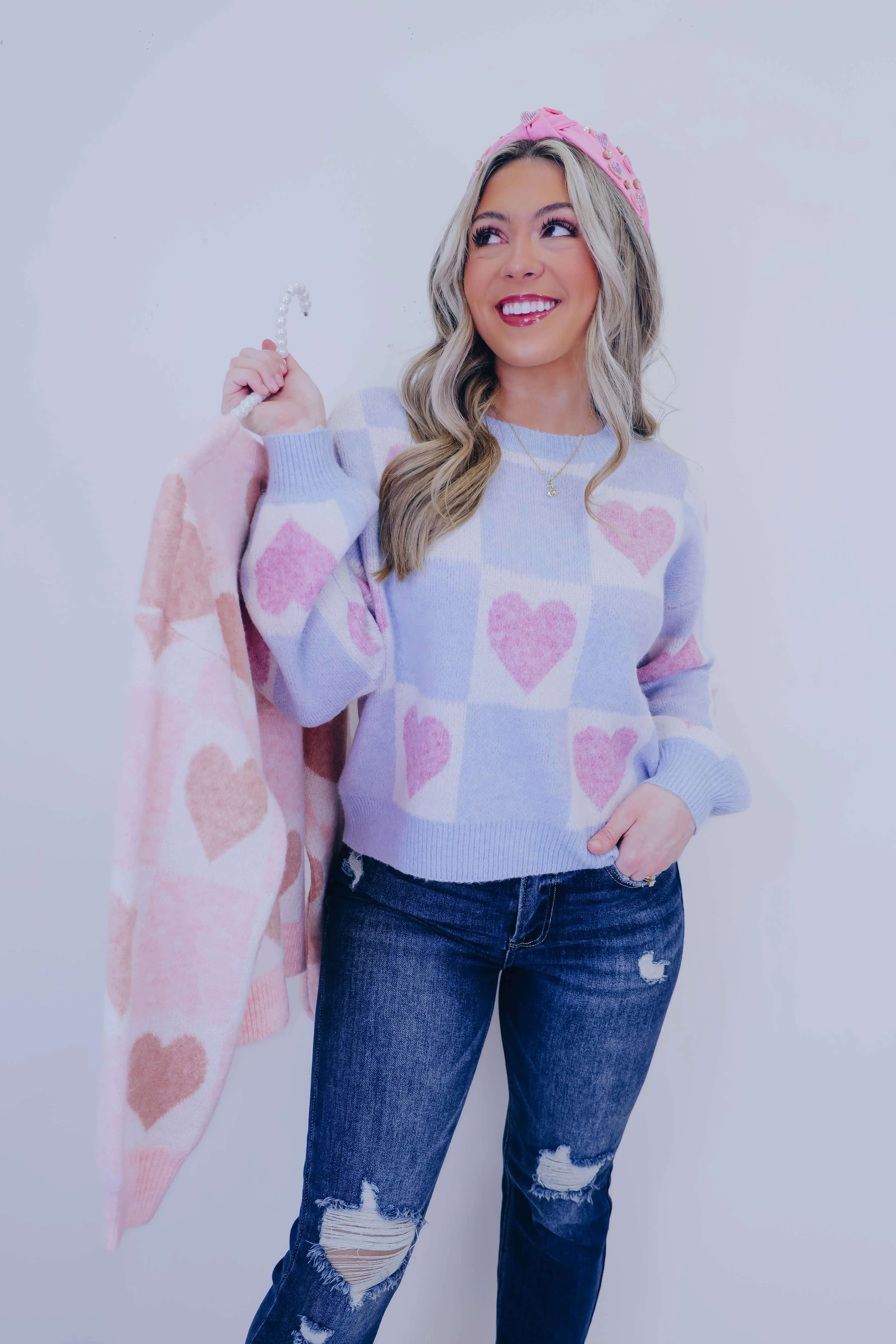 Skip A Beat Checkered Heart Cropped Sweater- 2 Colors