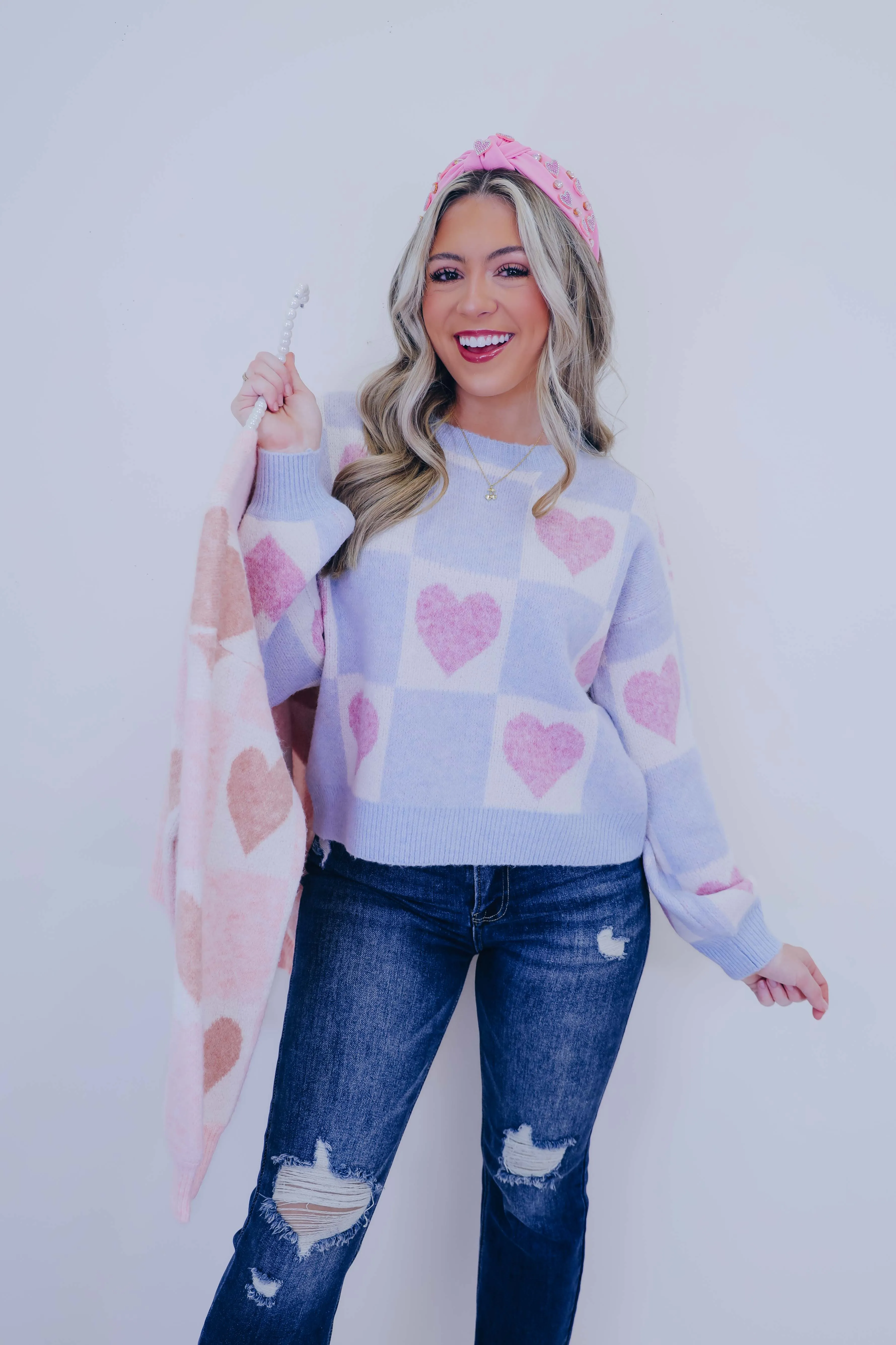 Skip A Beat Checkered Heart Cropped Sweater- 2 Colors