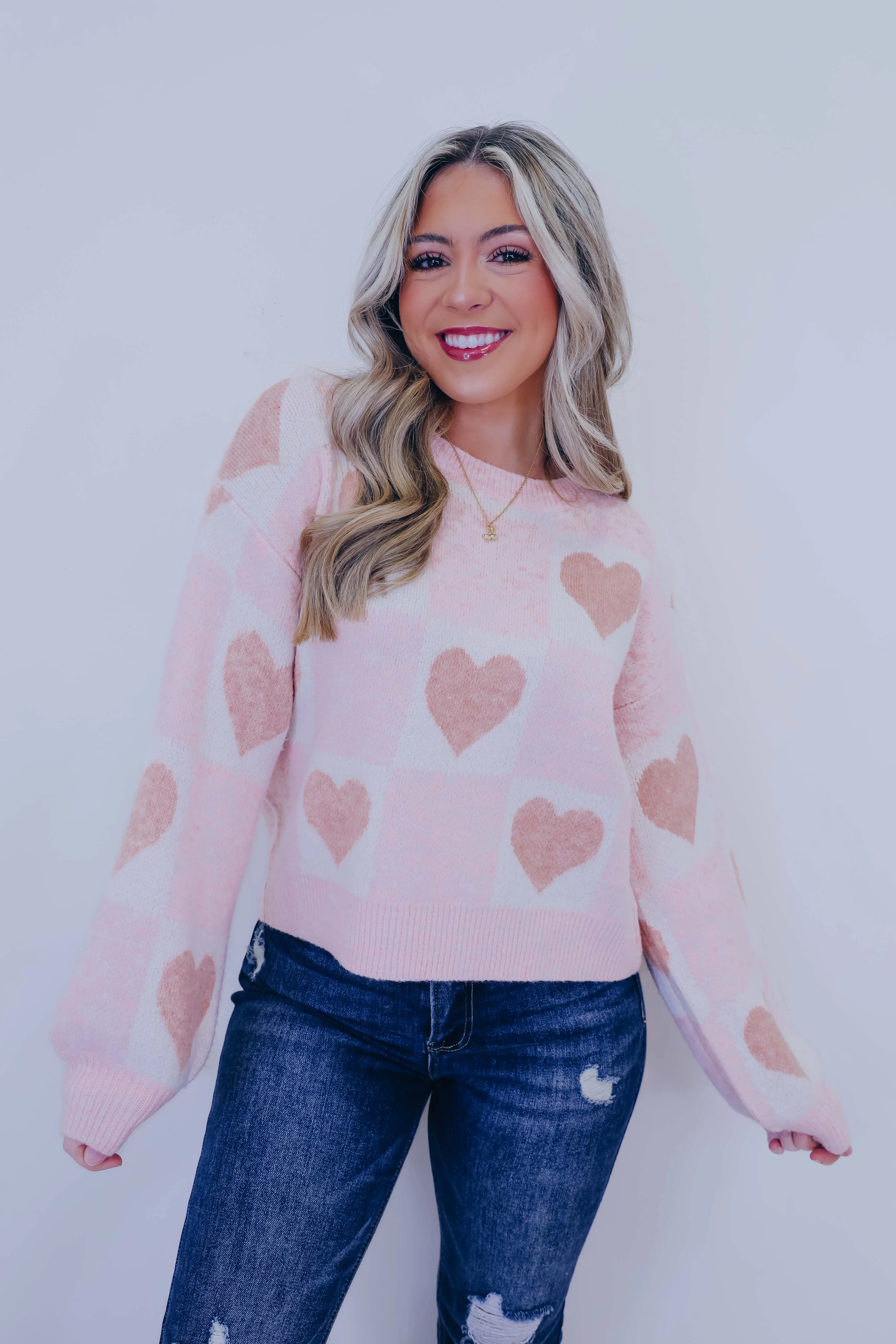 Skip A Beat Checkered Heart Cropped Sweater- 2 Colors
