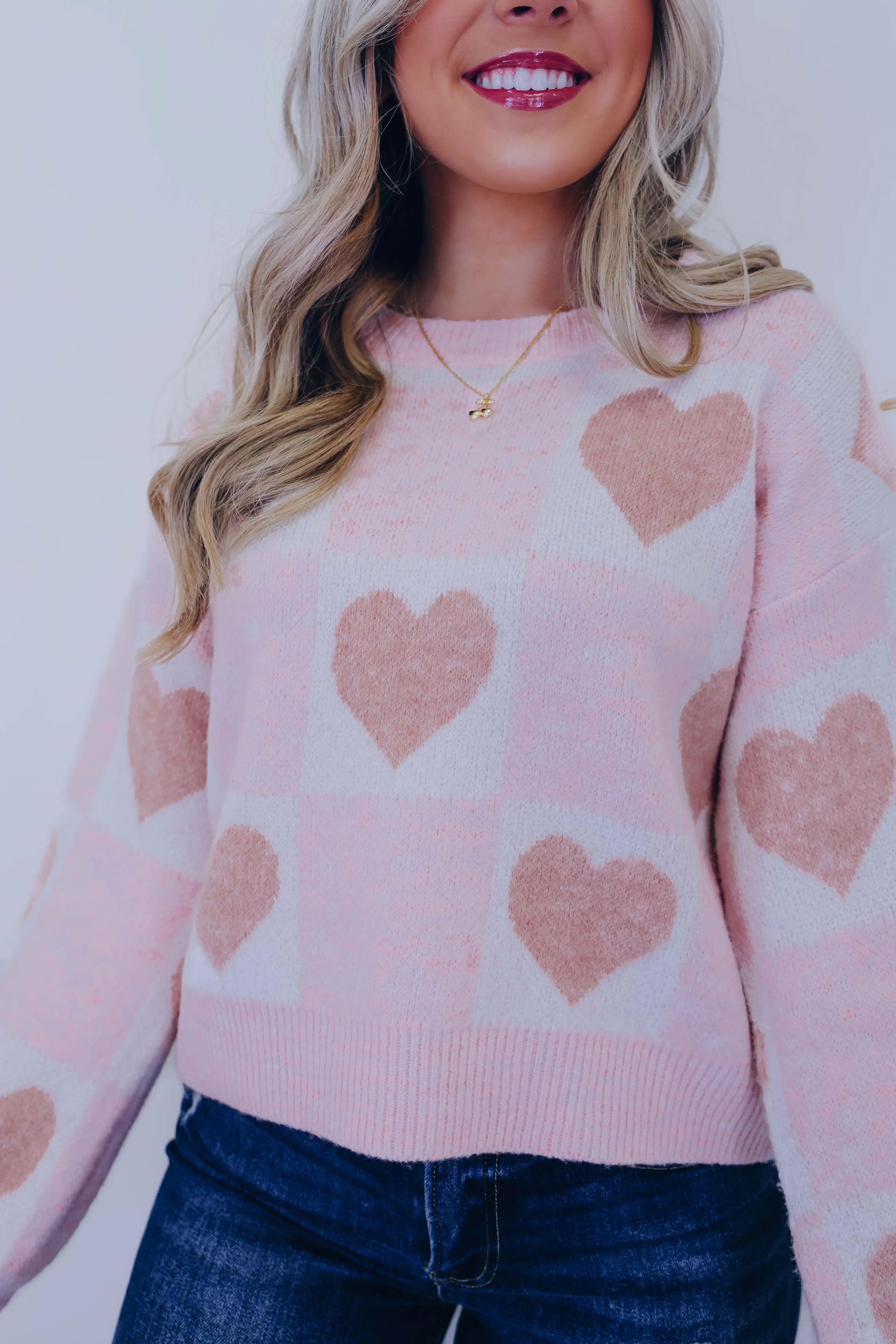 Skip A Beat Checkered Heart Cropped Sweater- 2 Colors