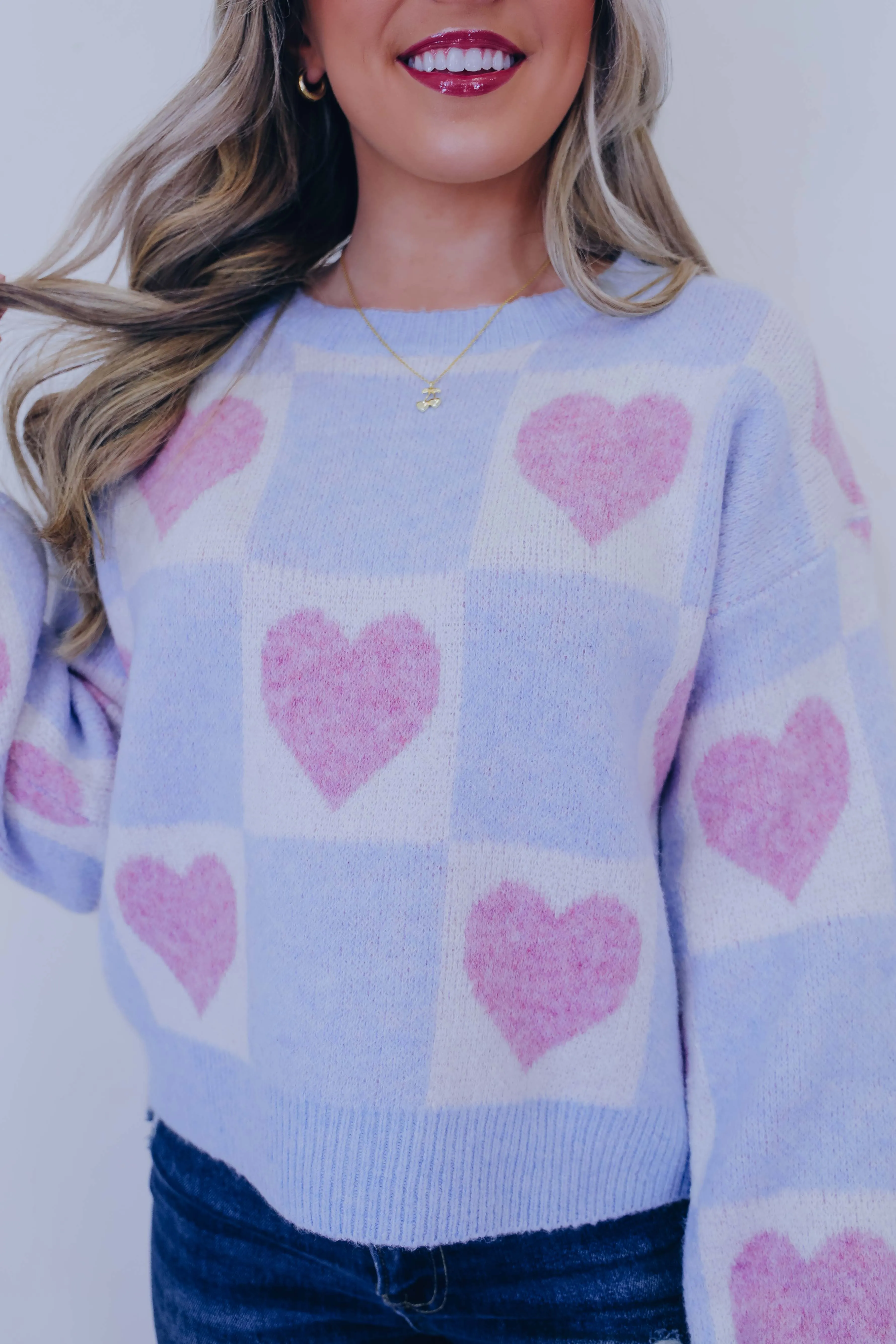 Skip A Beat Checkered Heart Cropped Sweater- 2 Colors