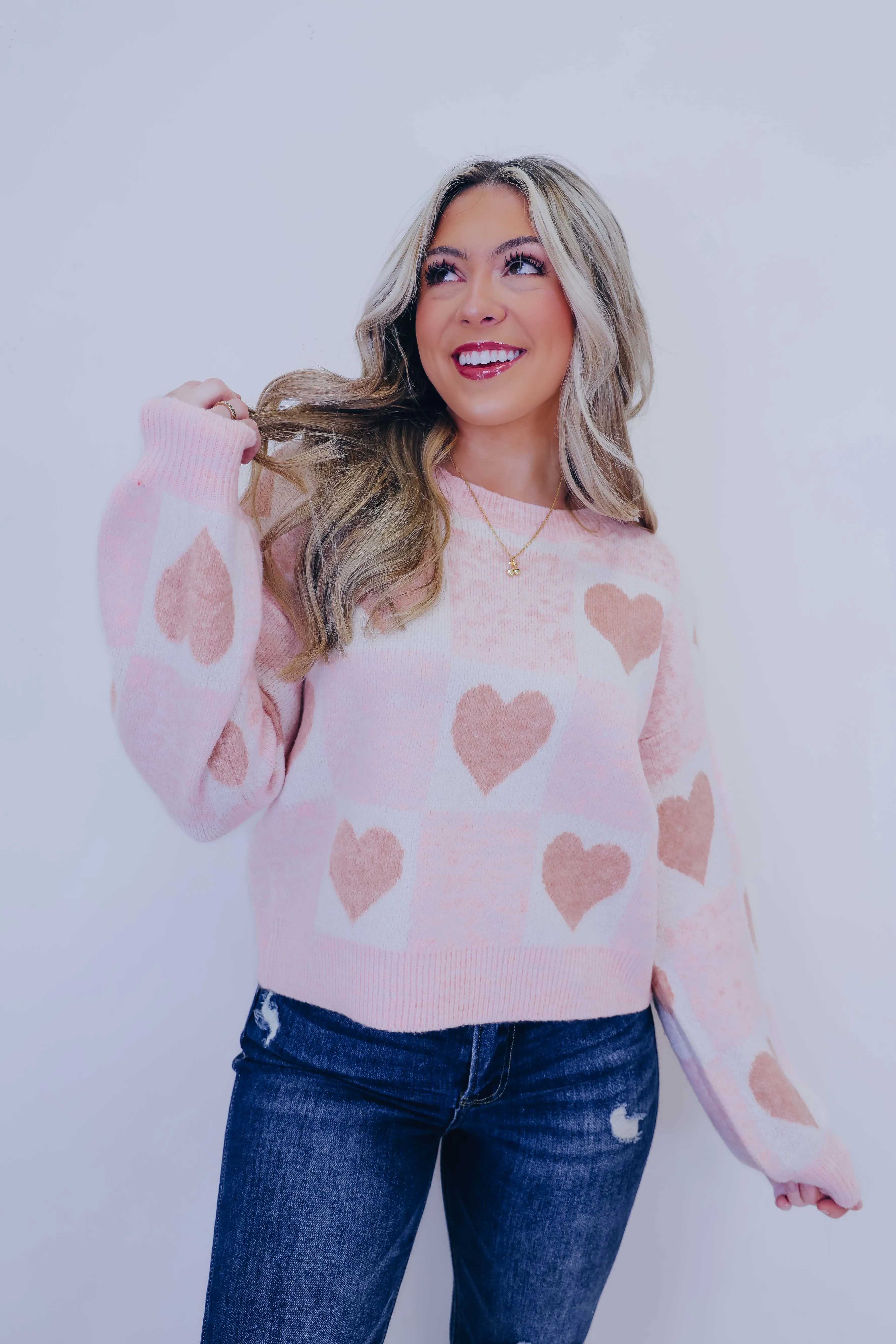 Skip A Beat Checkered Heart Cropped Sweater- 2 Colors