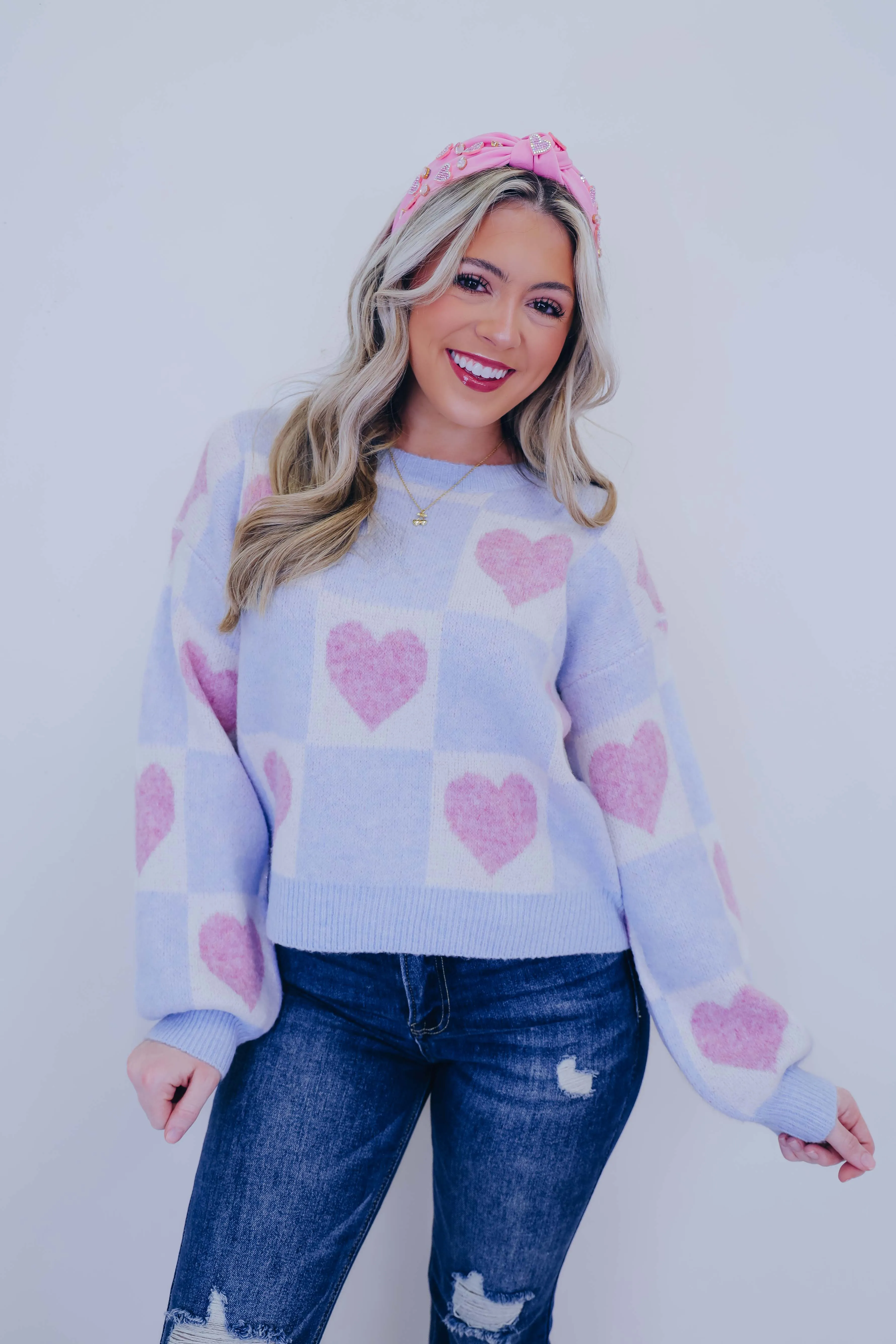 Skip A Beat Checkered Heart Cropped Sweater- 2 Colors
