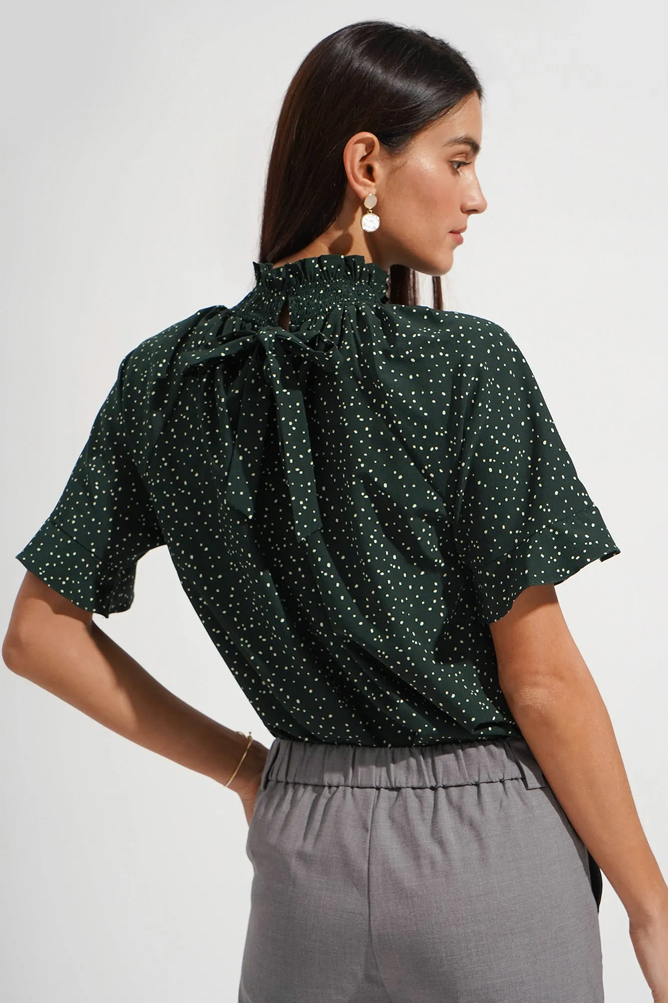 Smocked Collar Polka Dot Top