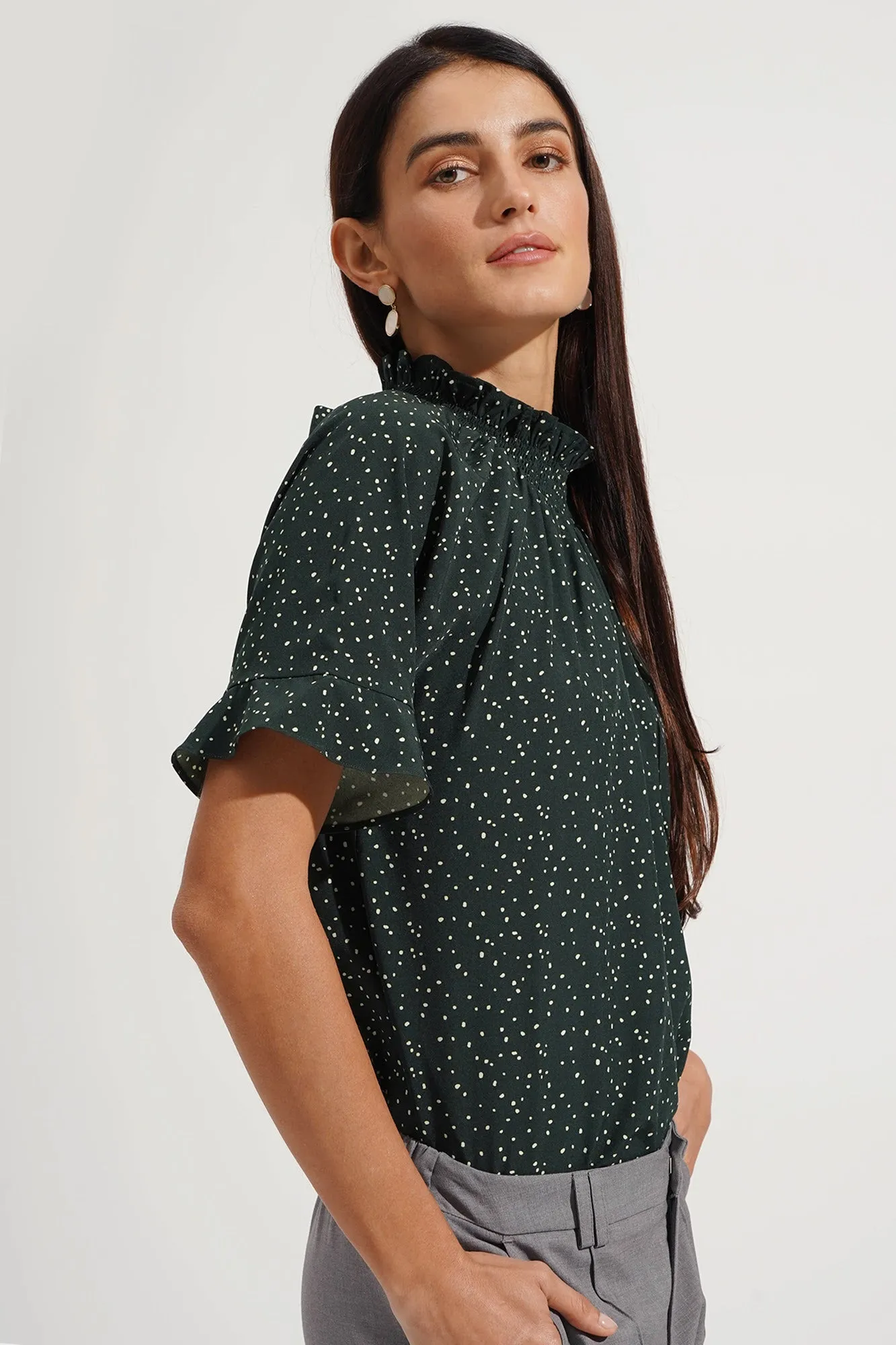 Smocked Collar Polka Dot Top