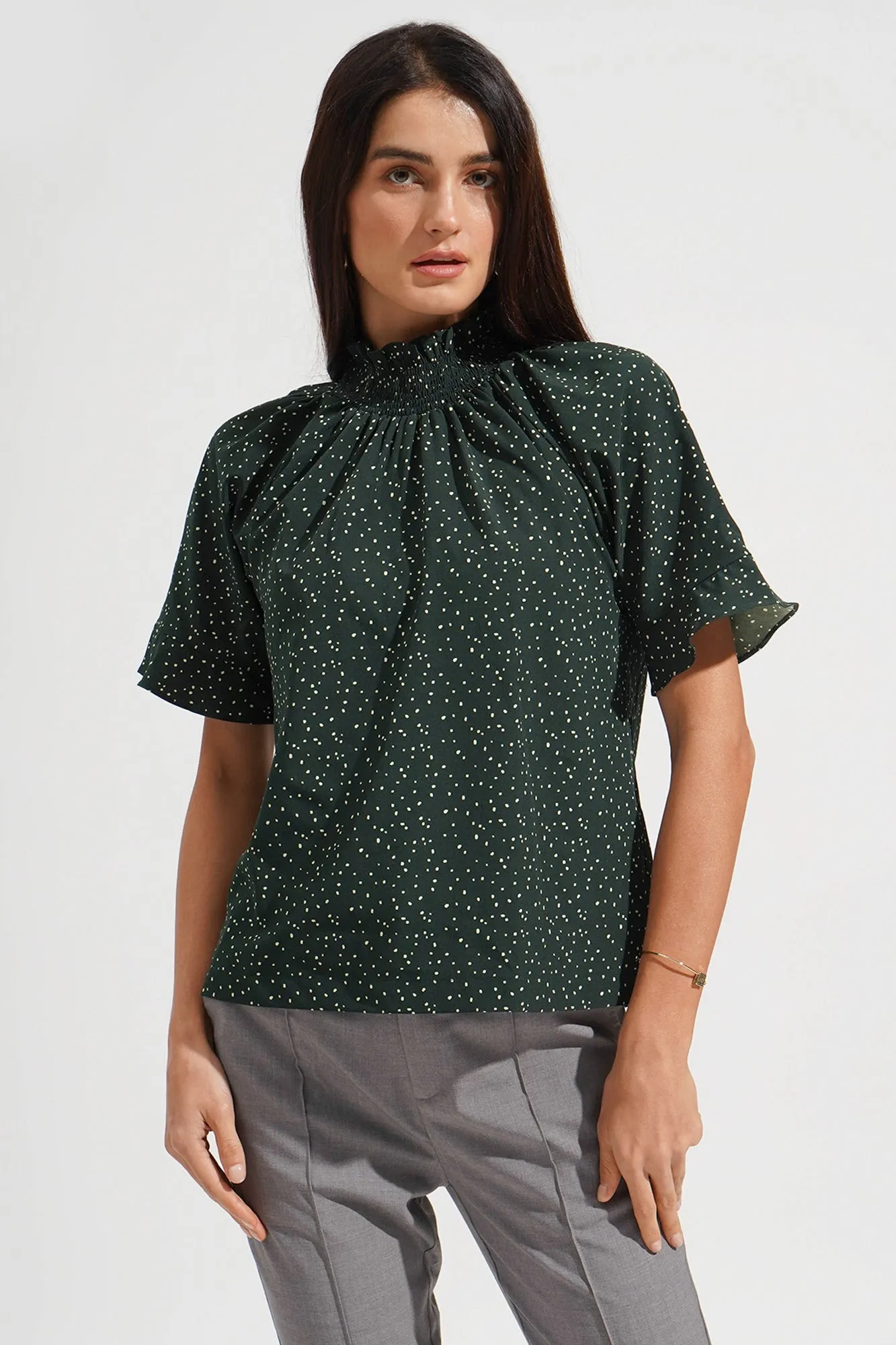Smocked Collar Polka Dot Top