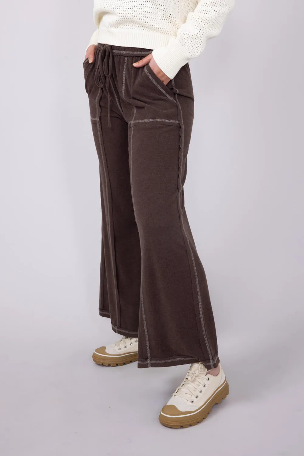 Soft Contrast Wide Leg Lounge Pants for Women in Brown | FP3291-BROWN