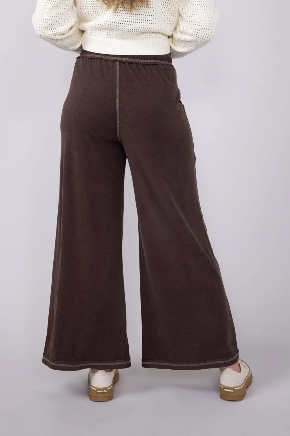 Soft Contrast Wide Leg Lounge Pants for Women in Brown | FP3291-BROWN