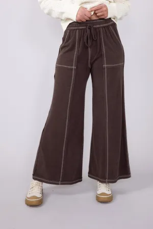 Soft Contrast Wide Leg Lounge Pants for Women in Brown | FP3291-BROWN