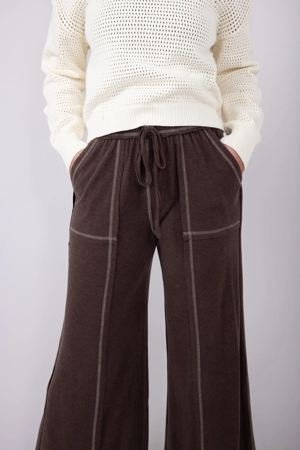Soft Contrast Wide Leg Lounge Pants for Women in Brown | FP3291-BROWN