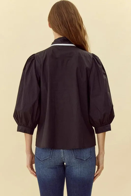Sold Ribbon-Tie Neck 3/4 Sleeves Top (Up to XL)