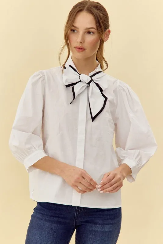 Sold Ribbon-Tie Neck 3/4 Sleeves Top (Up to XL)
