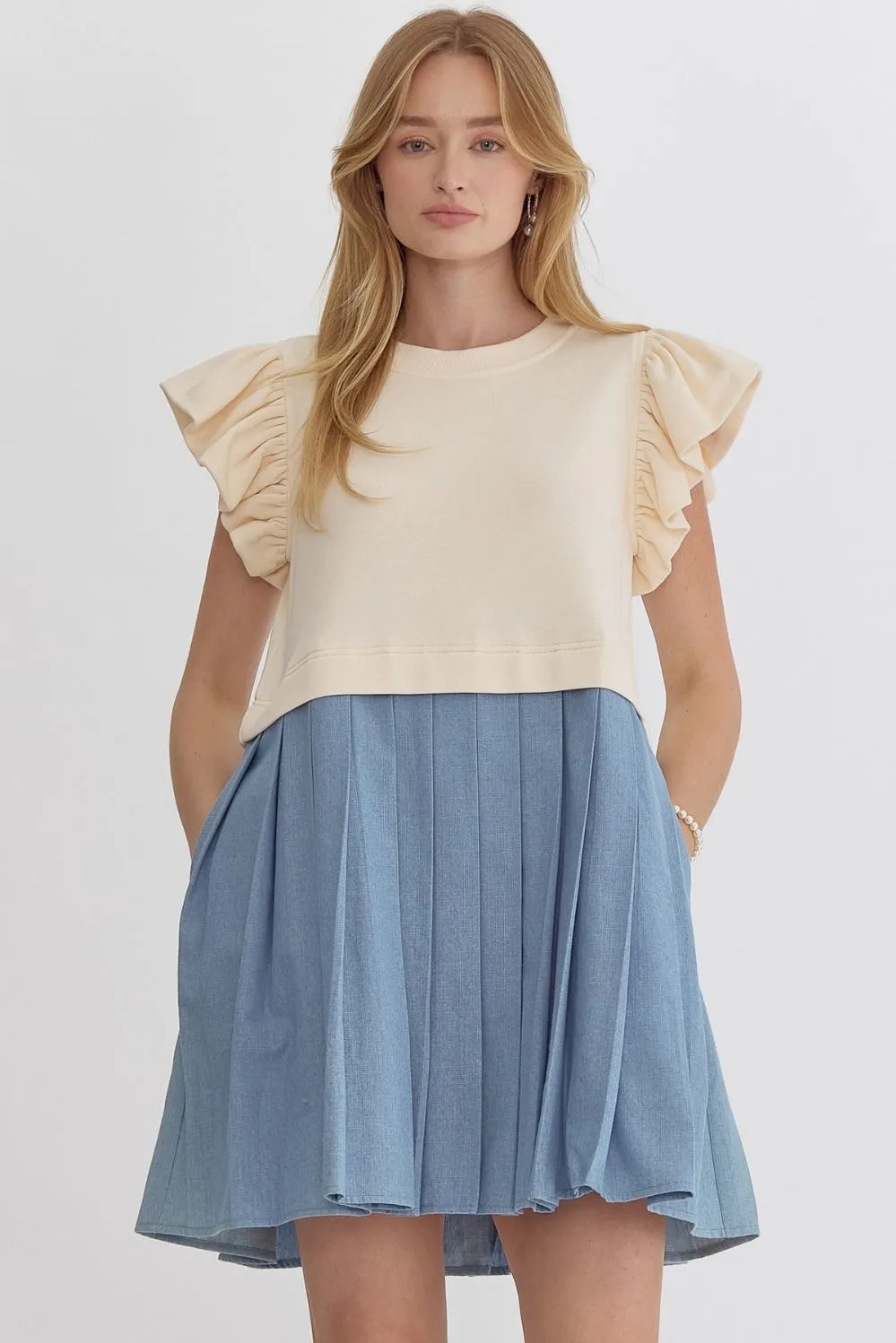 Solid Round Neck Ruffle Sleeve Mini Dress